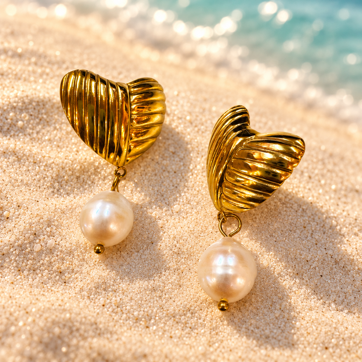 Golden Heart Freshwater Pearl Earrings