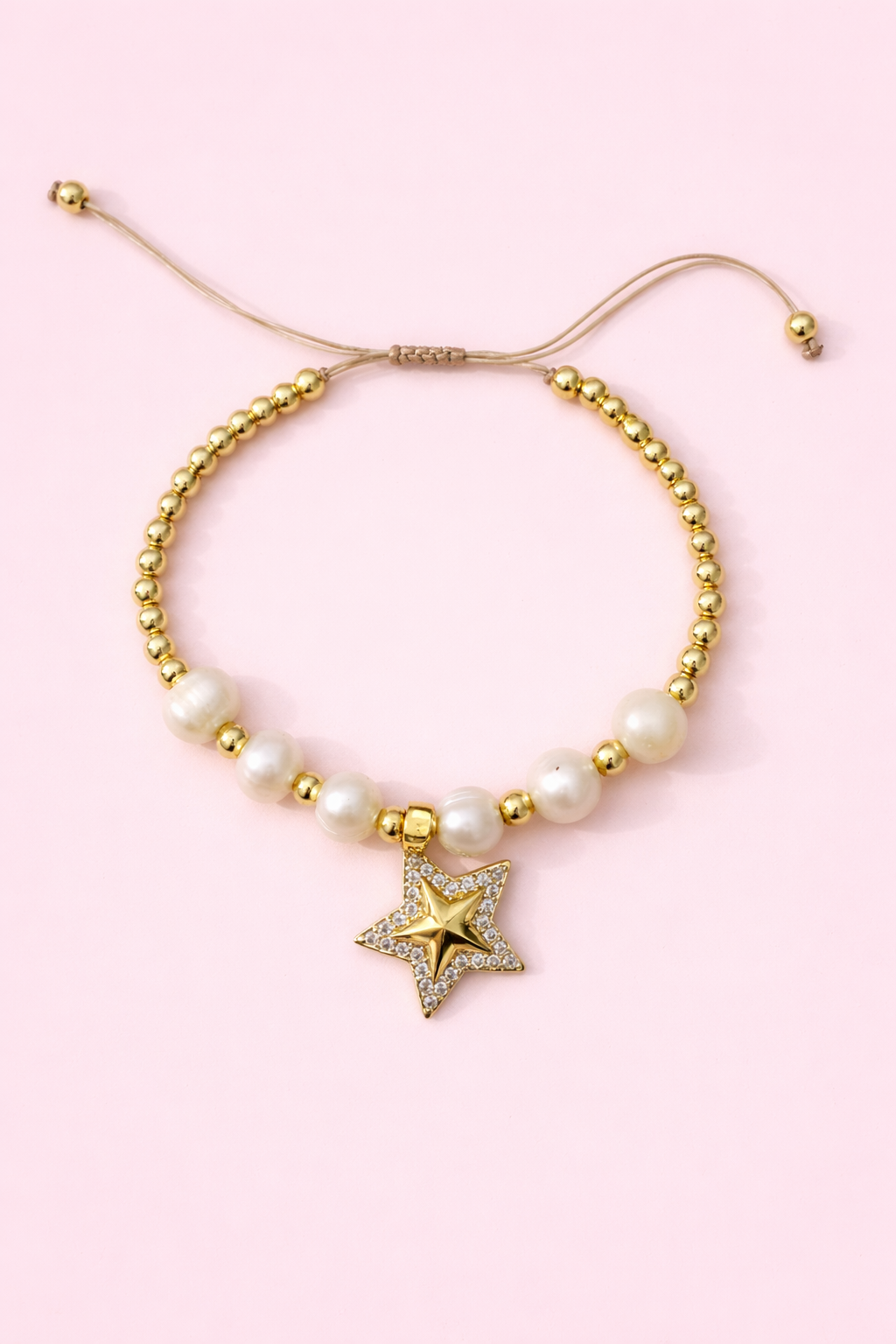 Misheila 18k gold filled, Real fresh water pearls & cubic zirconia star adjustable bracelet
