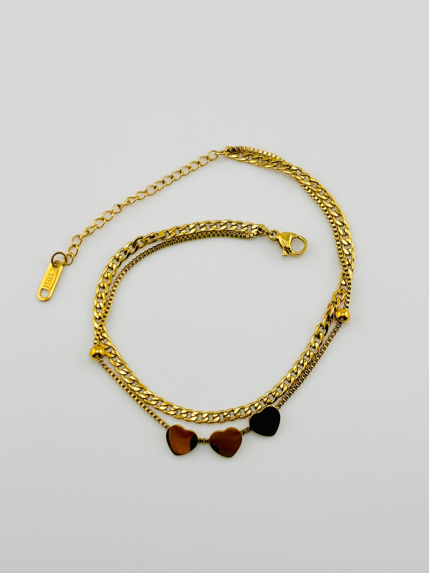 Anklet, stainless steel double strand hearts