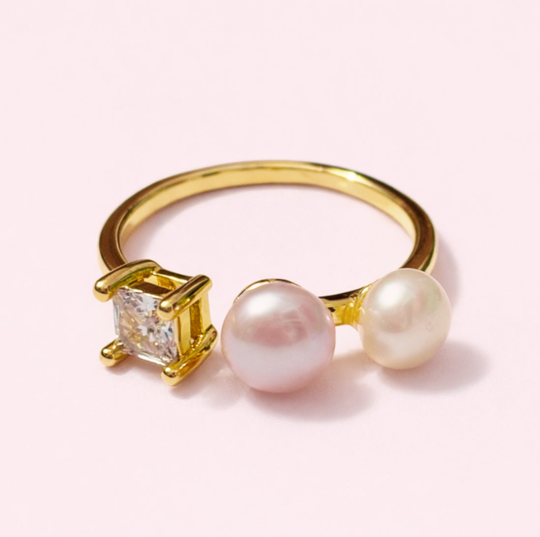 Laralin 18k gold filled, Cubic Zirconia & real fresh water pearl ring