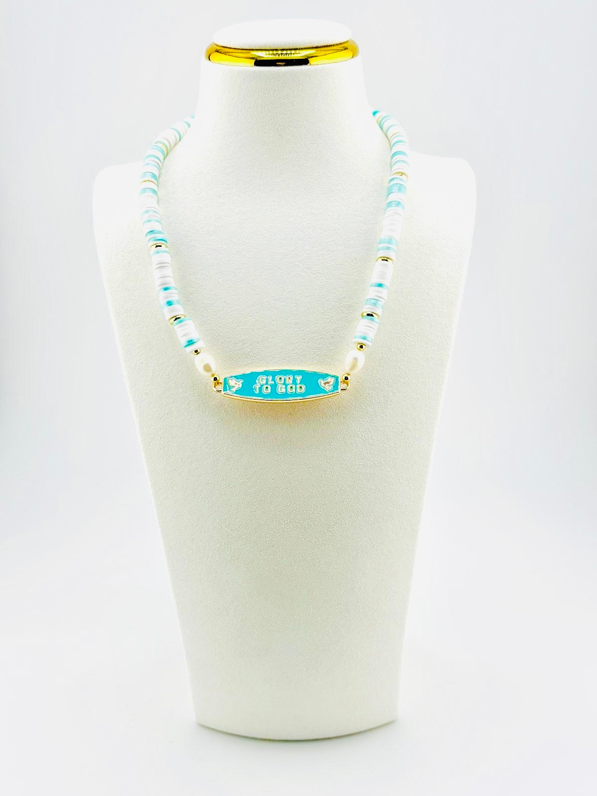 Glory to God worship necklace in 18K gold filled with freshwater pearls, Bella Blu Design