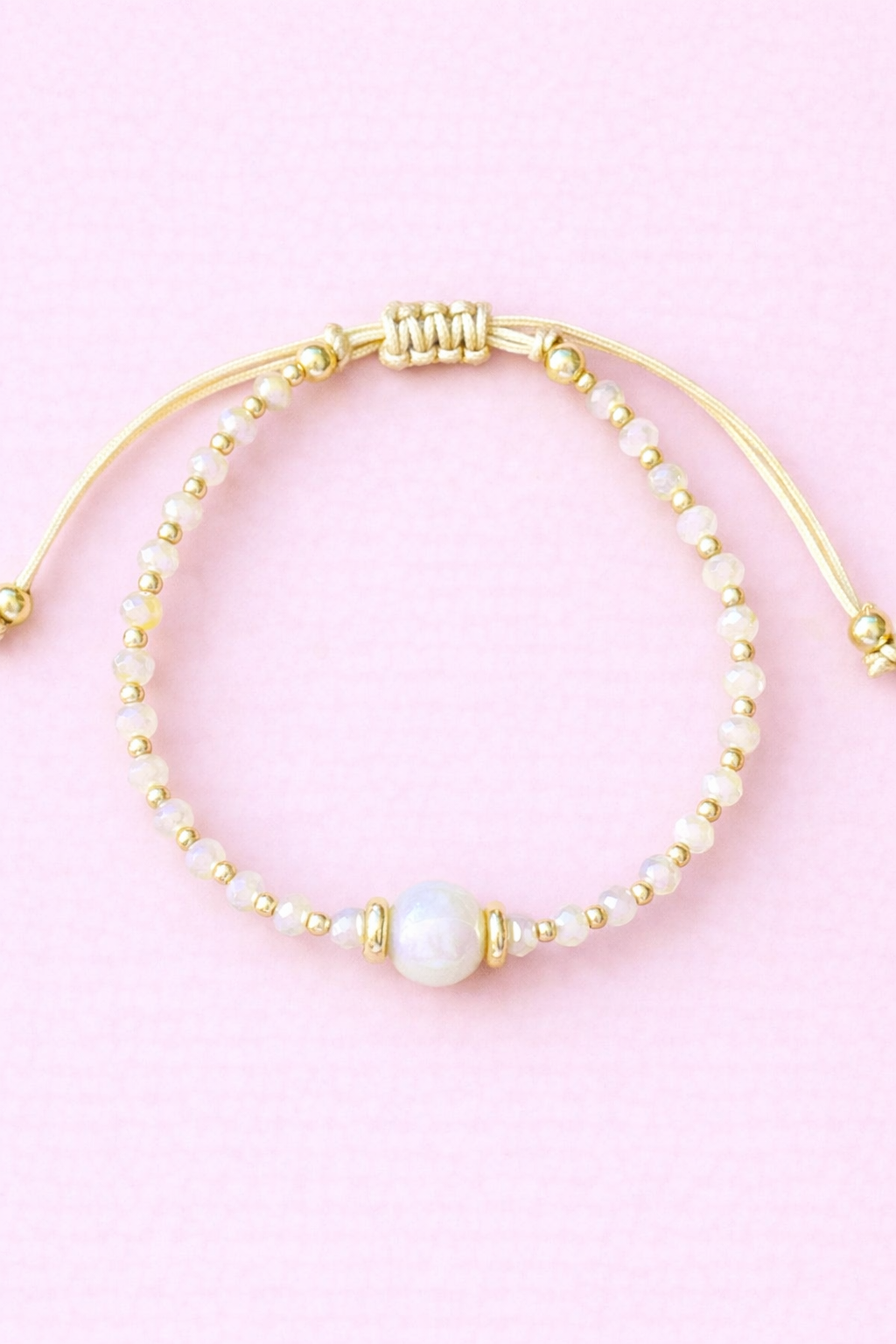 Jade cream 18k gold filled & Real fresh water pearl adjustable bracelet