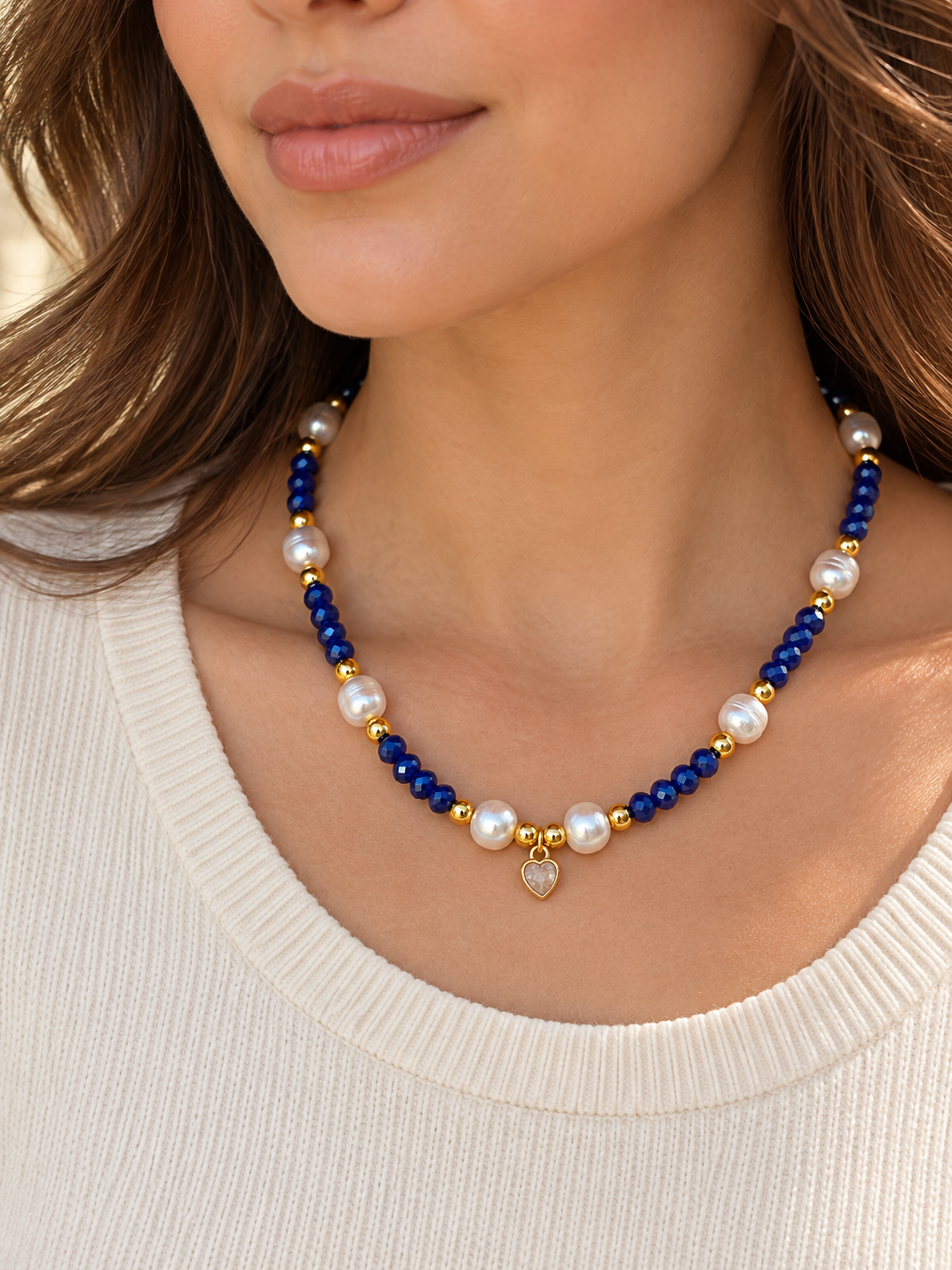 Daughter of the king 18k gold filled, Real fresh water pearl & Cubic zirconia Navy necklace