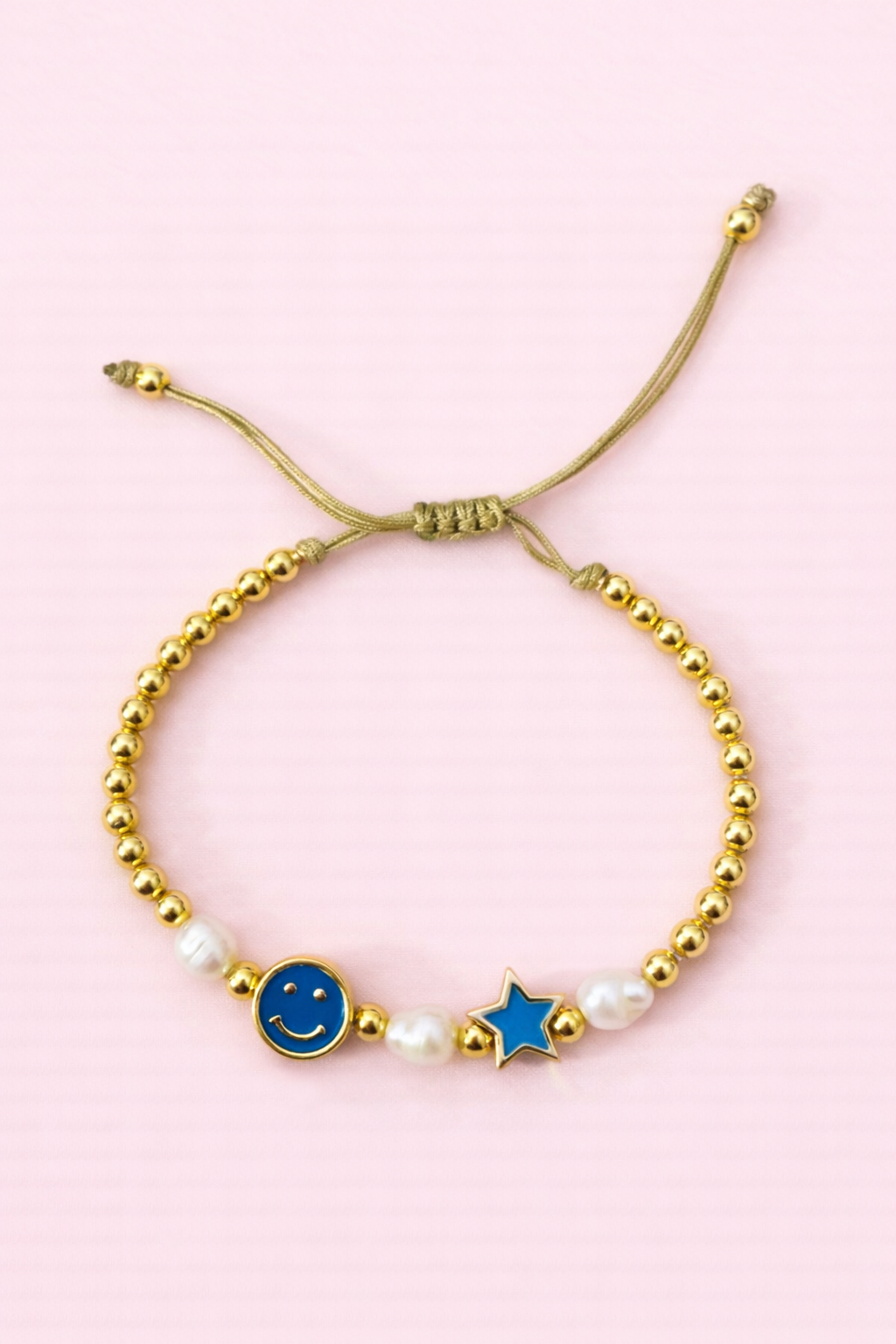 Paisley blue smiley face with star 18k gold filled & Real fresh water pearl adjustable bracelet