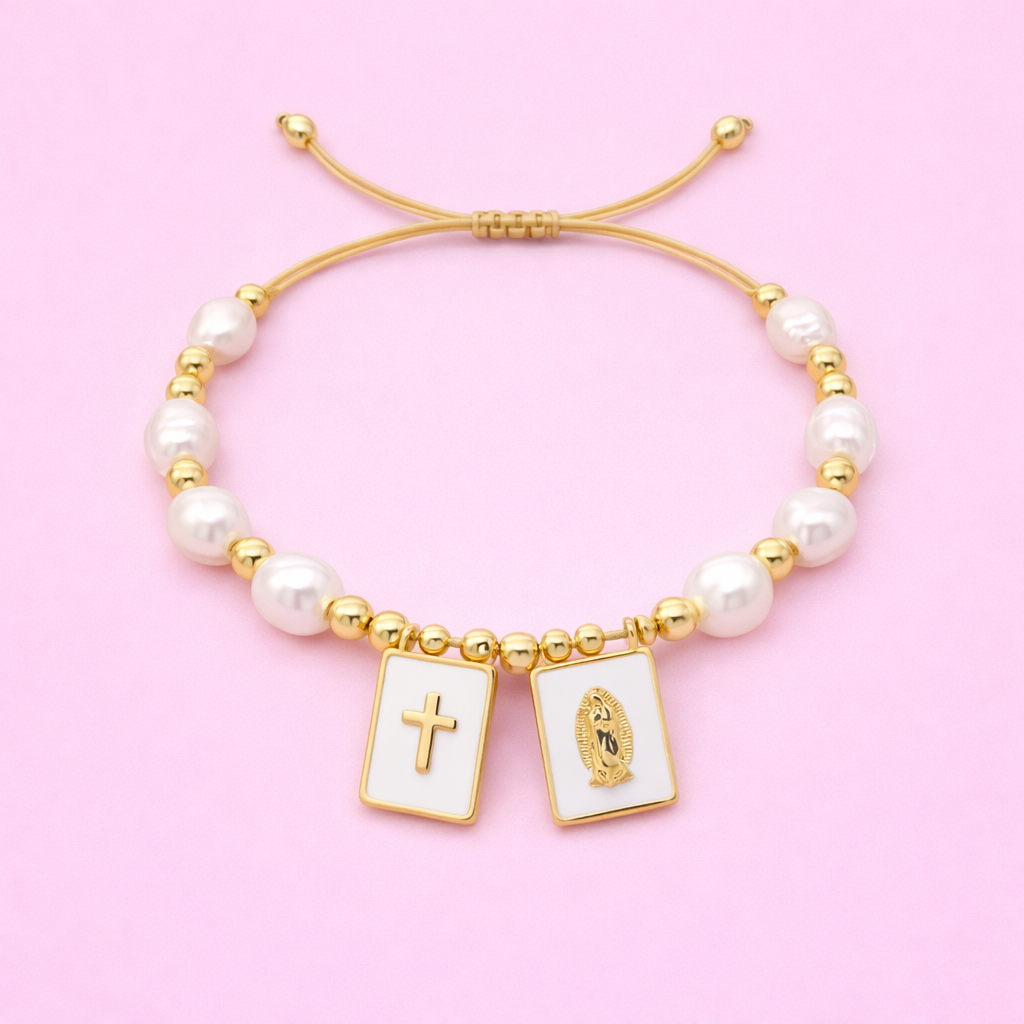 Kassidy Virgin of Guadalupe & cross with Real fresh water and 28k gold filled adjustable bracelet