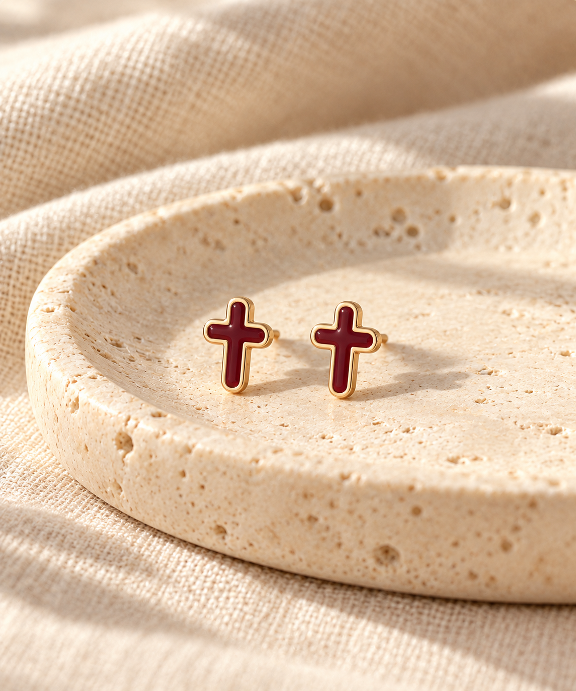 Burgundy & Gold Cross Stud Earrings