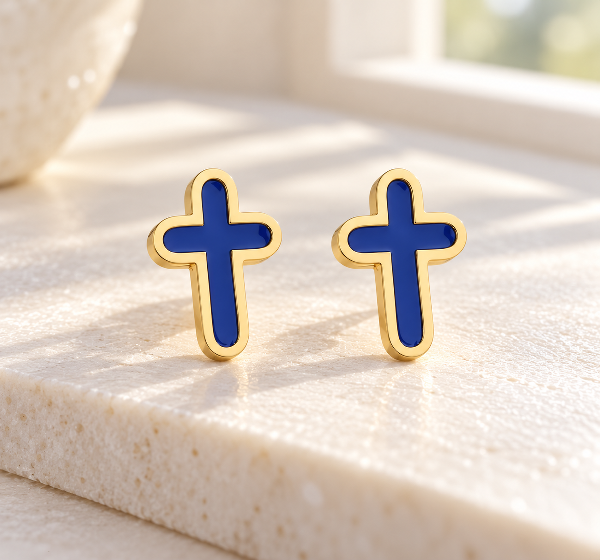 Blue & Gold Stainless Steel Cross Stud Earrings