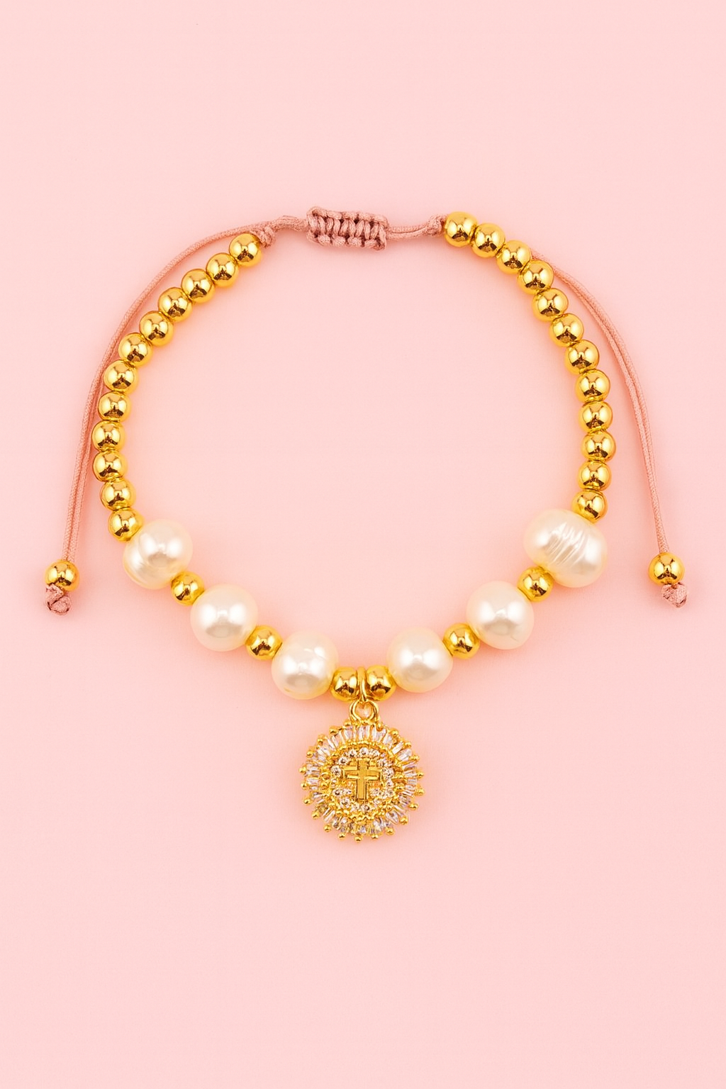 Cross gold filled, fresh water pearl and adjustable bracelet