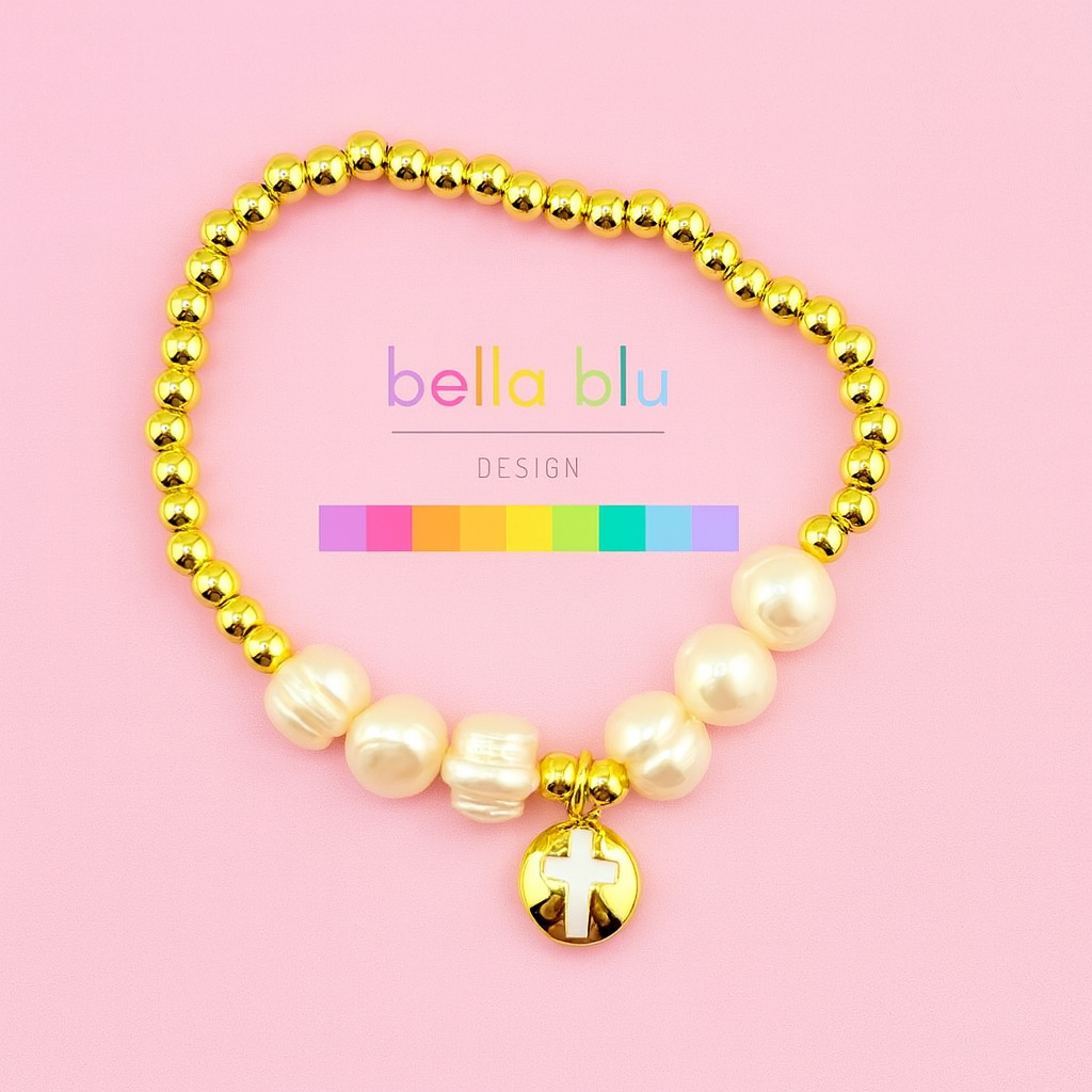 Melissa fresh water pearls and cross bracelet with 18k gold filled