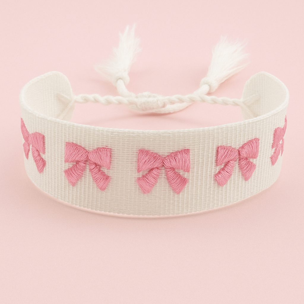 Pink and white bow woven bracelet