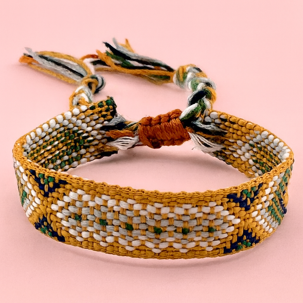 Woven mustard and military green adjustable bracelet