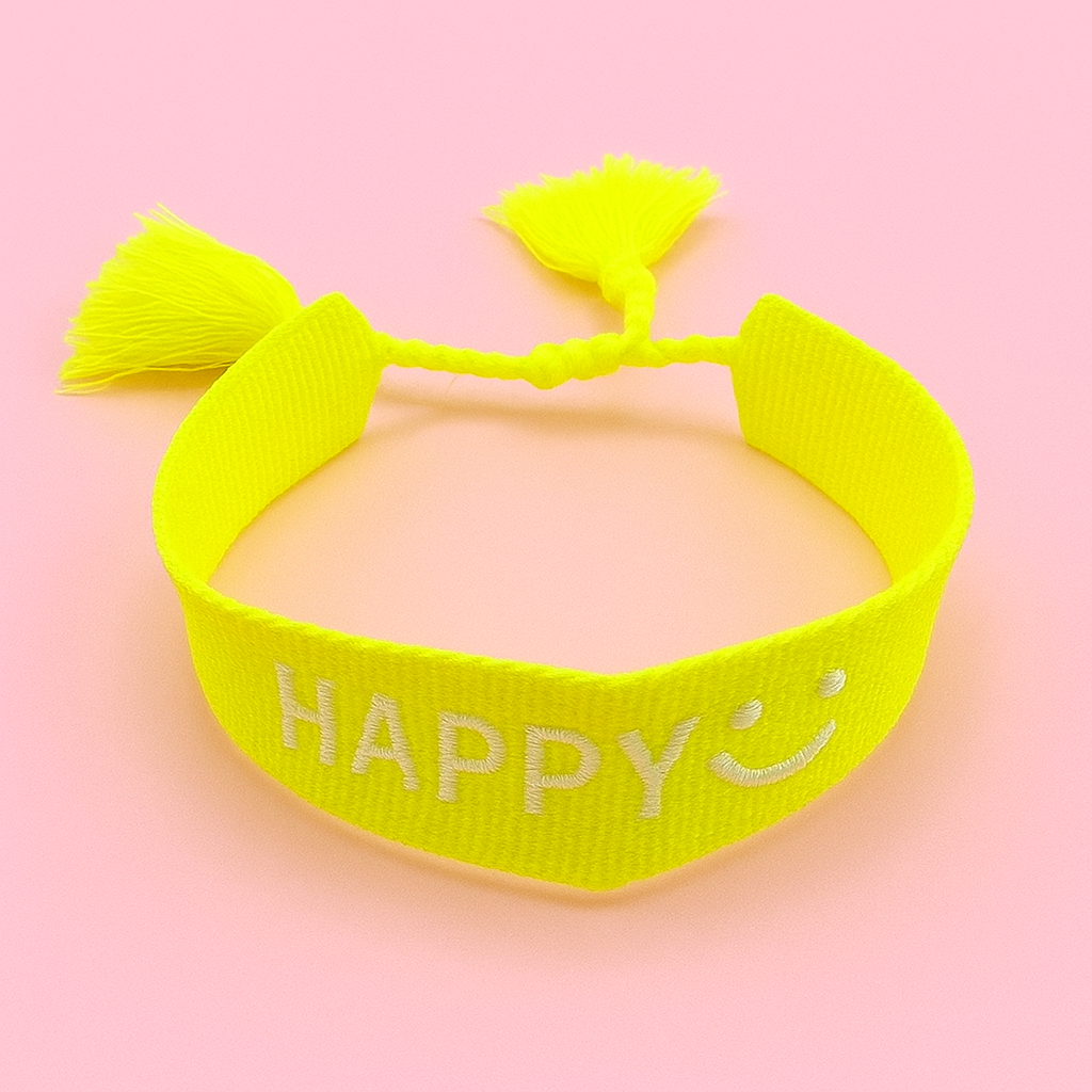 Loren yellow neon woven bracelet in smiley face