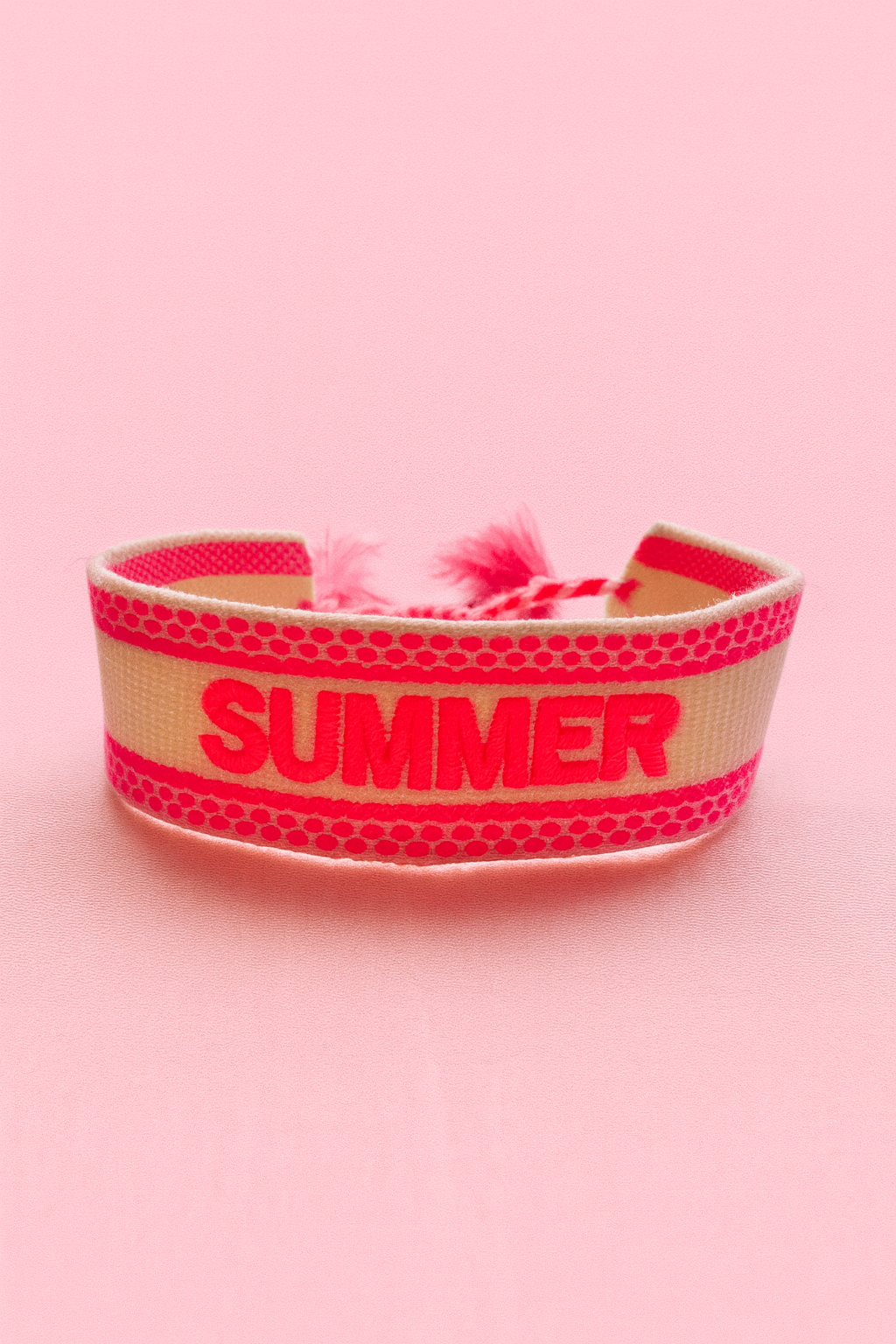 Summer neon pink and beige adjustable woven bracelet