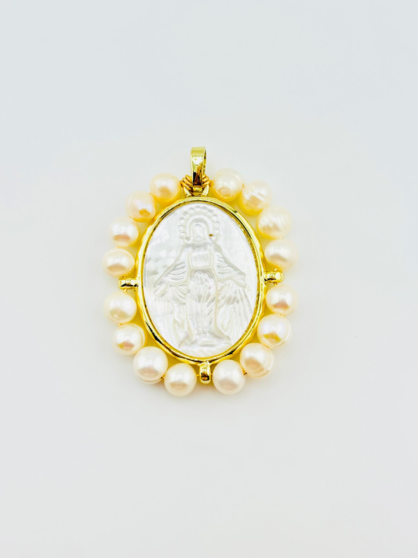 Virgin Mary fresh water pearls 18k gold filled in mother of pearl pendant