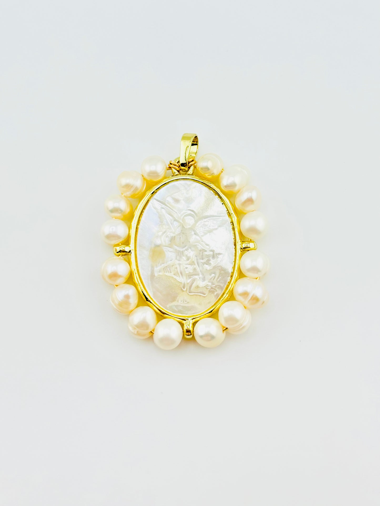 Archangel Michael fresh water pearl 18k gold filled mother of pearl pendant