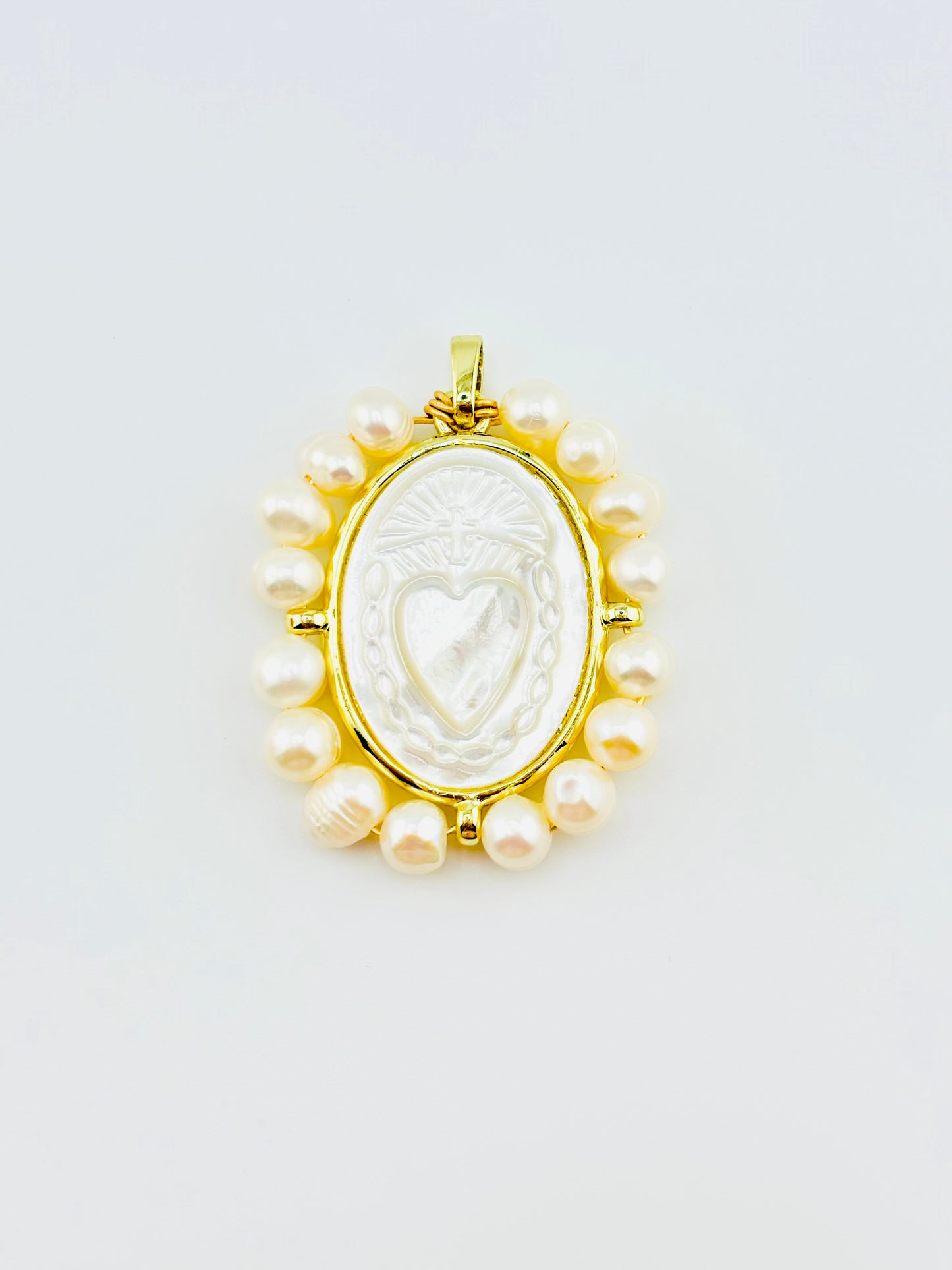 Sacred heart fresh water pearl 18k gold filled mother of pearl pendant