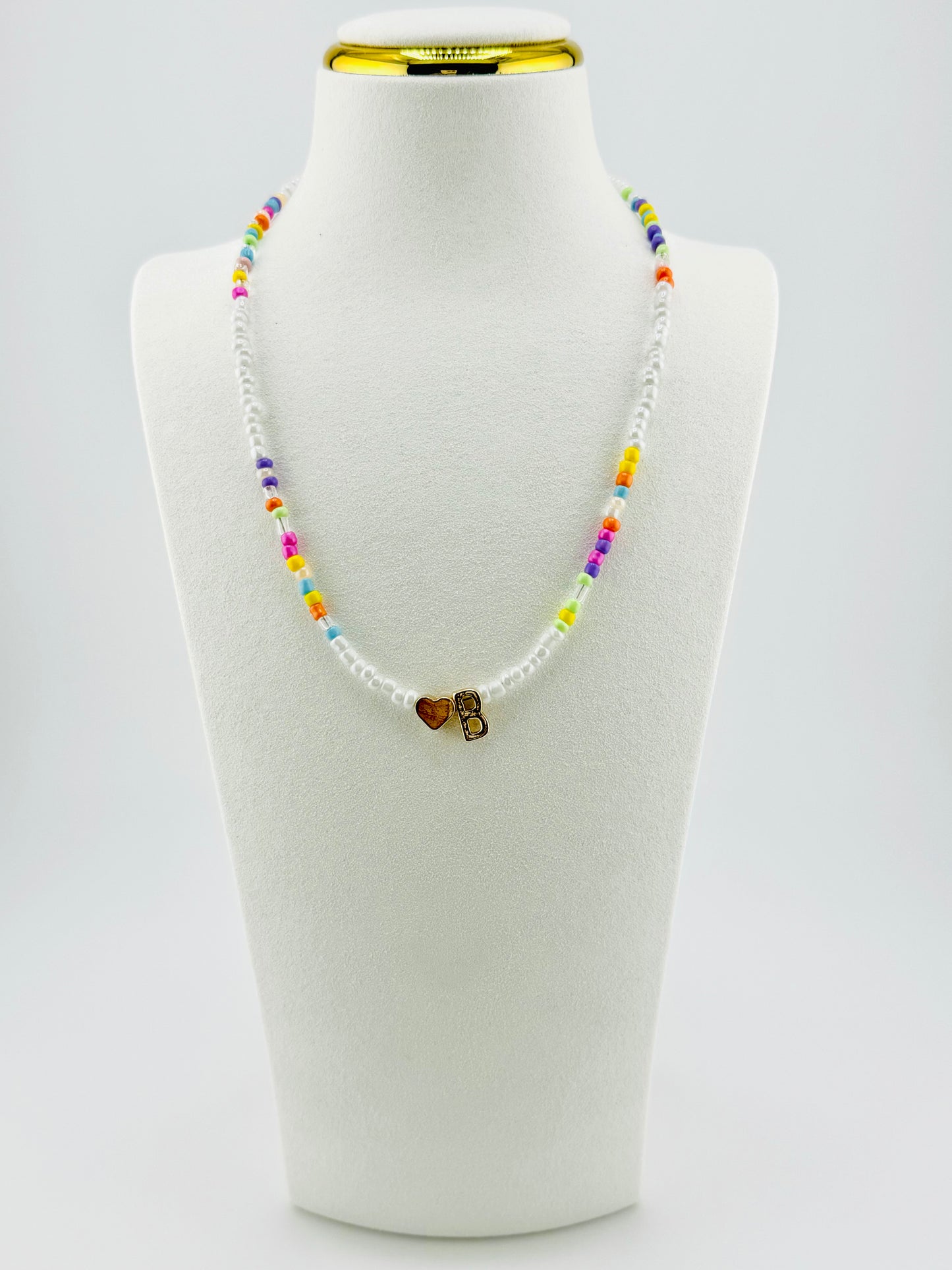 B beaded Initial necklace in white and pastel colors