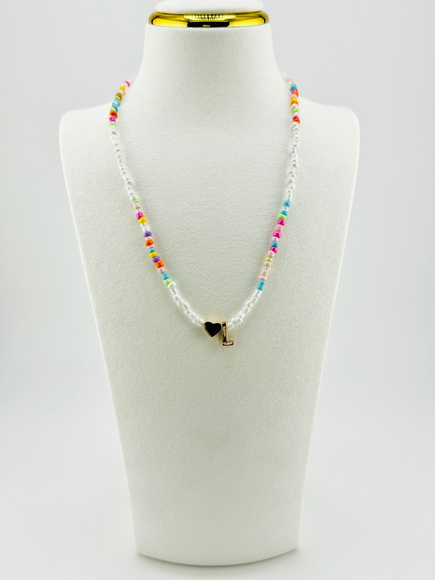 L beaded Initial necklace in white and pastel colors