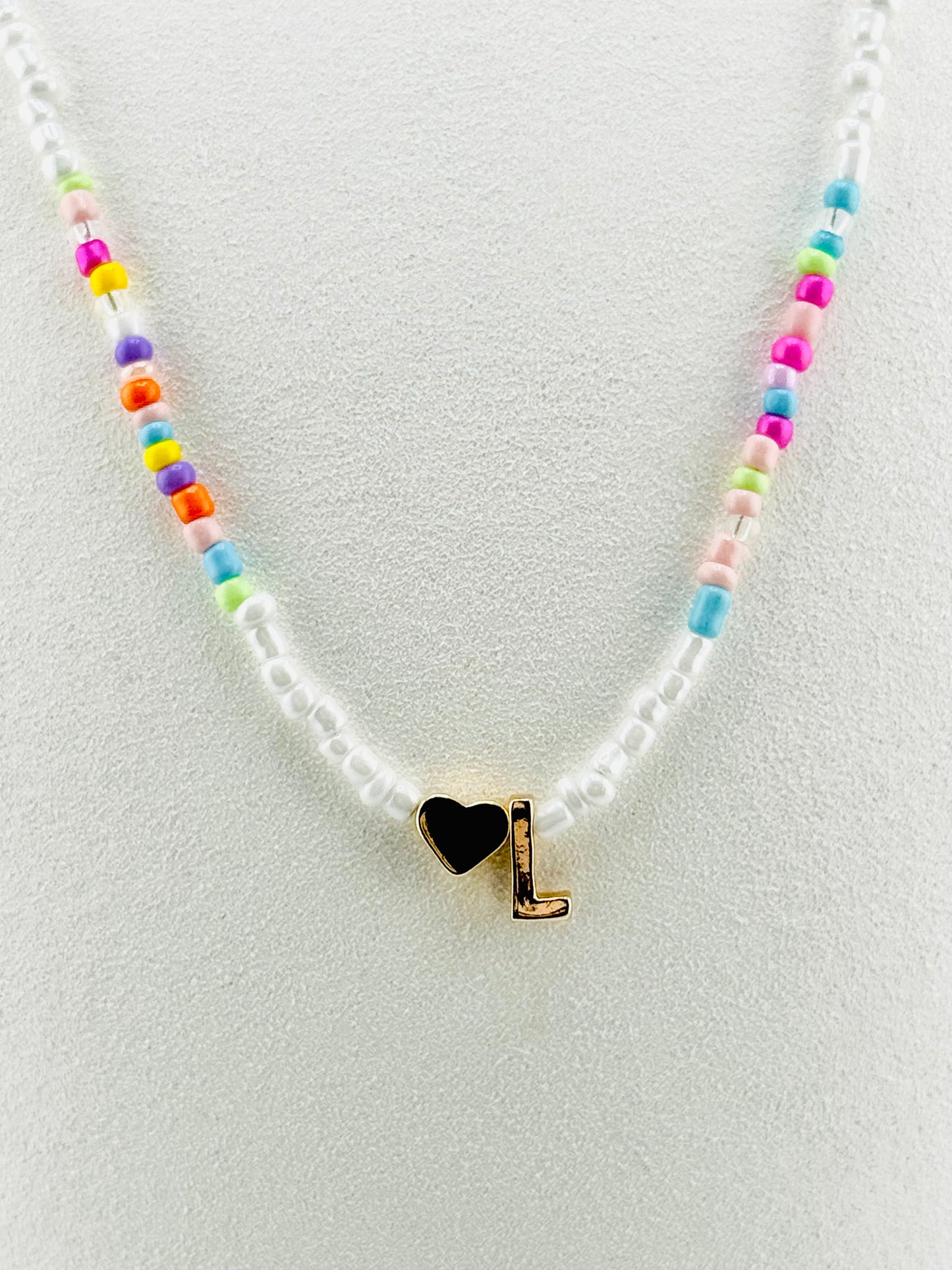L beaded Initial necklace in white and pastel colors