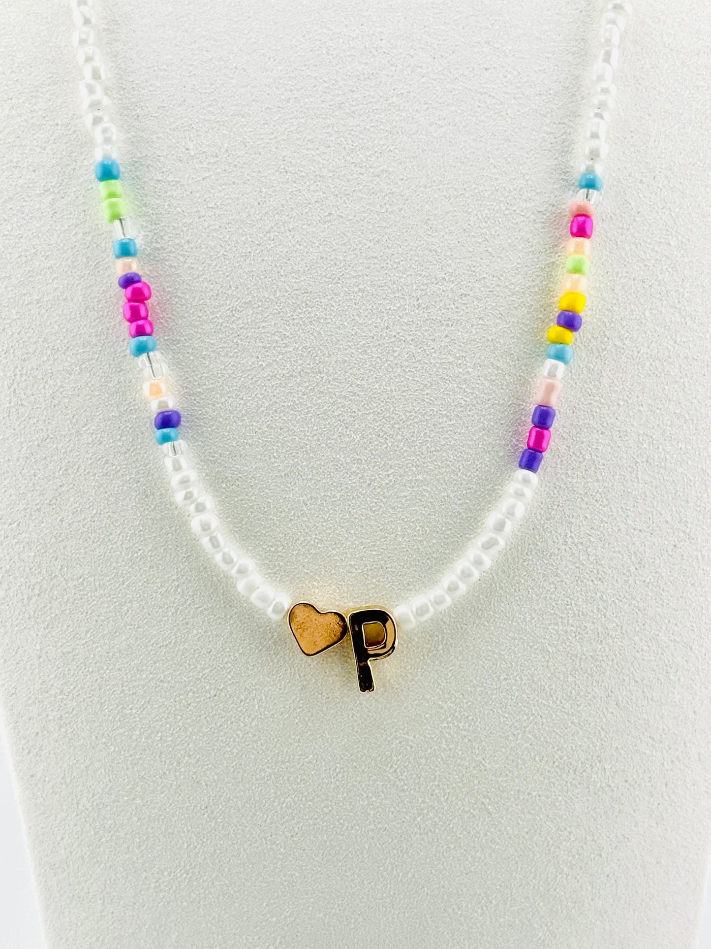 P beaded Initial necklace in white and pastel colors
