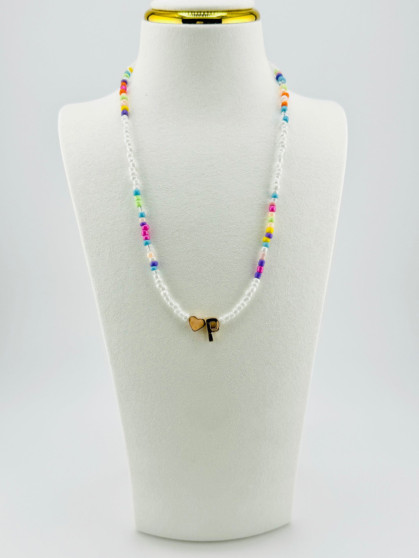 P beaded Initial necklace in white and pastel colors
