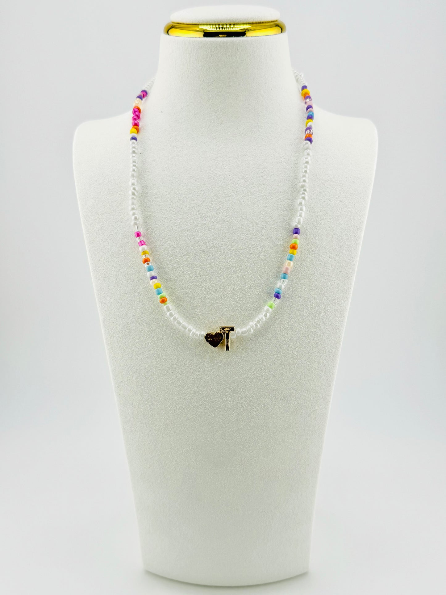 T beaded Initial necklace in white and pastel colors