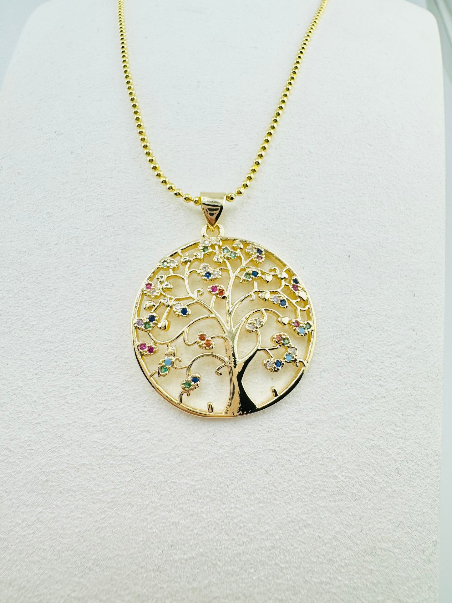 Tree of life in 18k gold filled necklace with colorful rhinestones