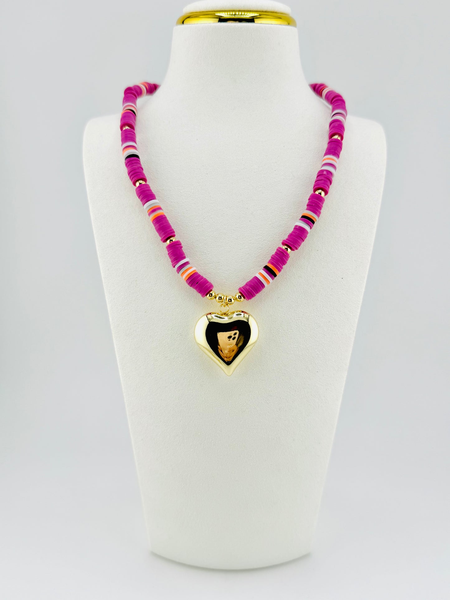 Purple heishi necklace with a heart pendant in 18k gold filled