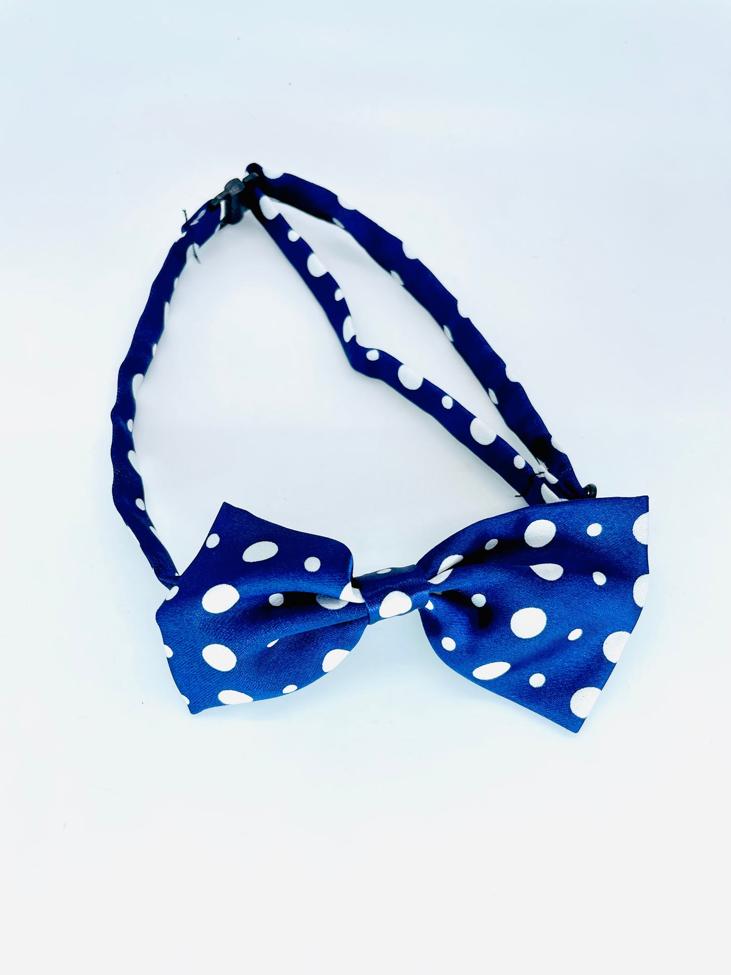 Blue adjustable white polka dot dog bow tie