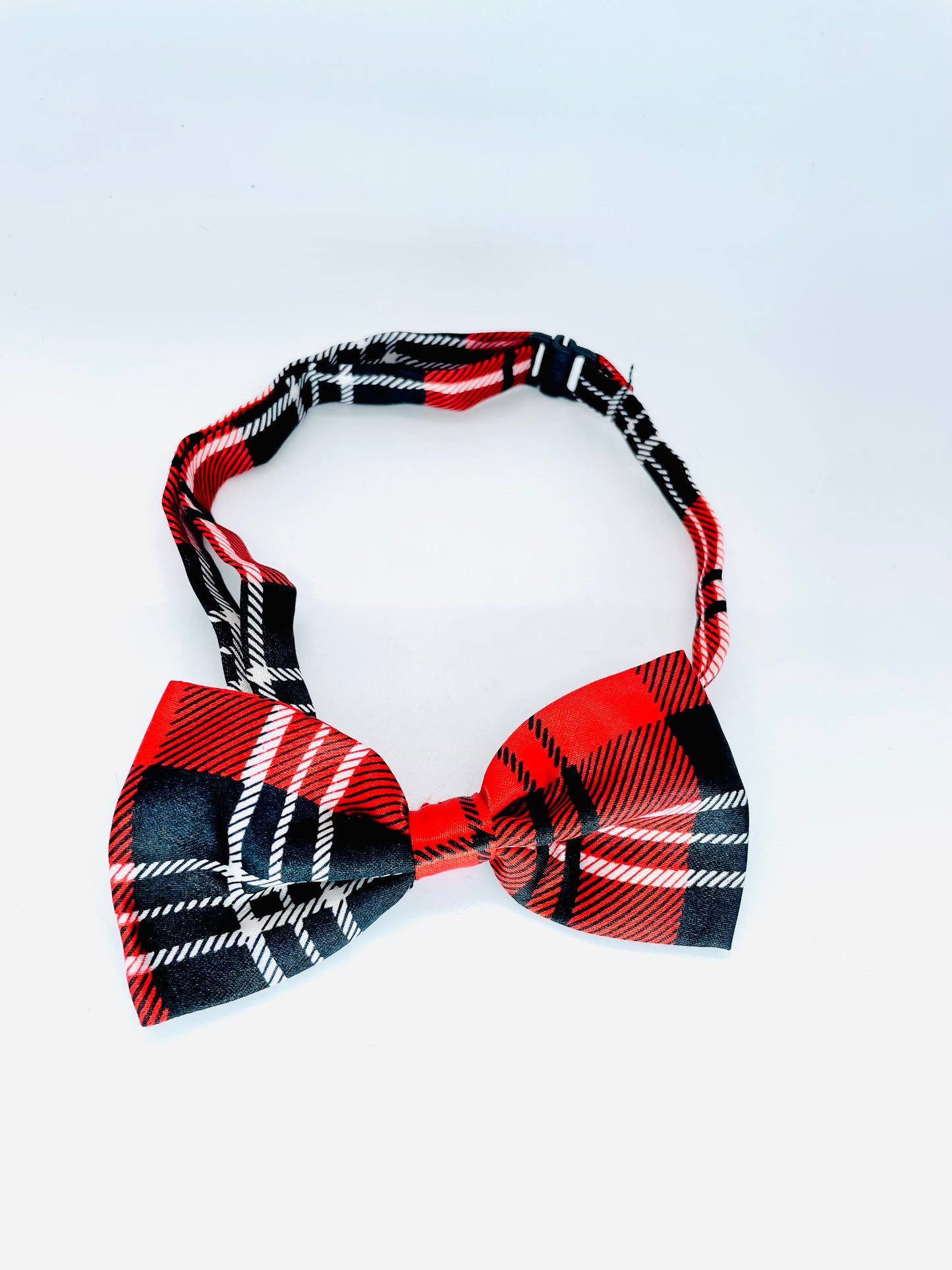 Black adjustable red and white plaid dog bow tie