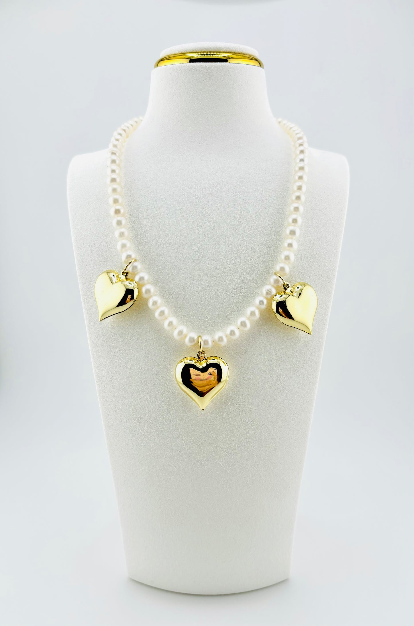 Estela triple heart necklace with fresh water pearls