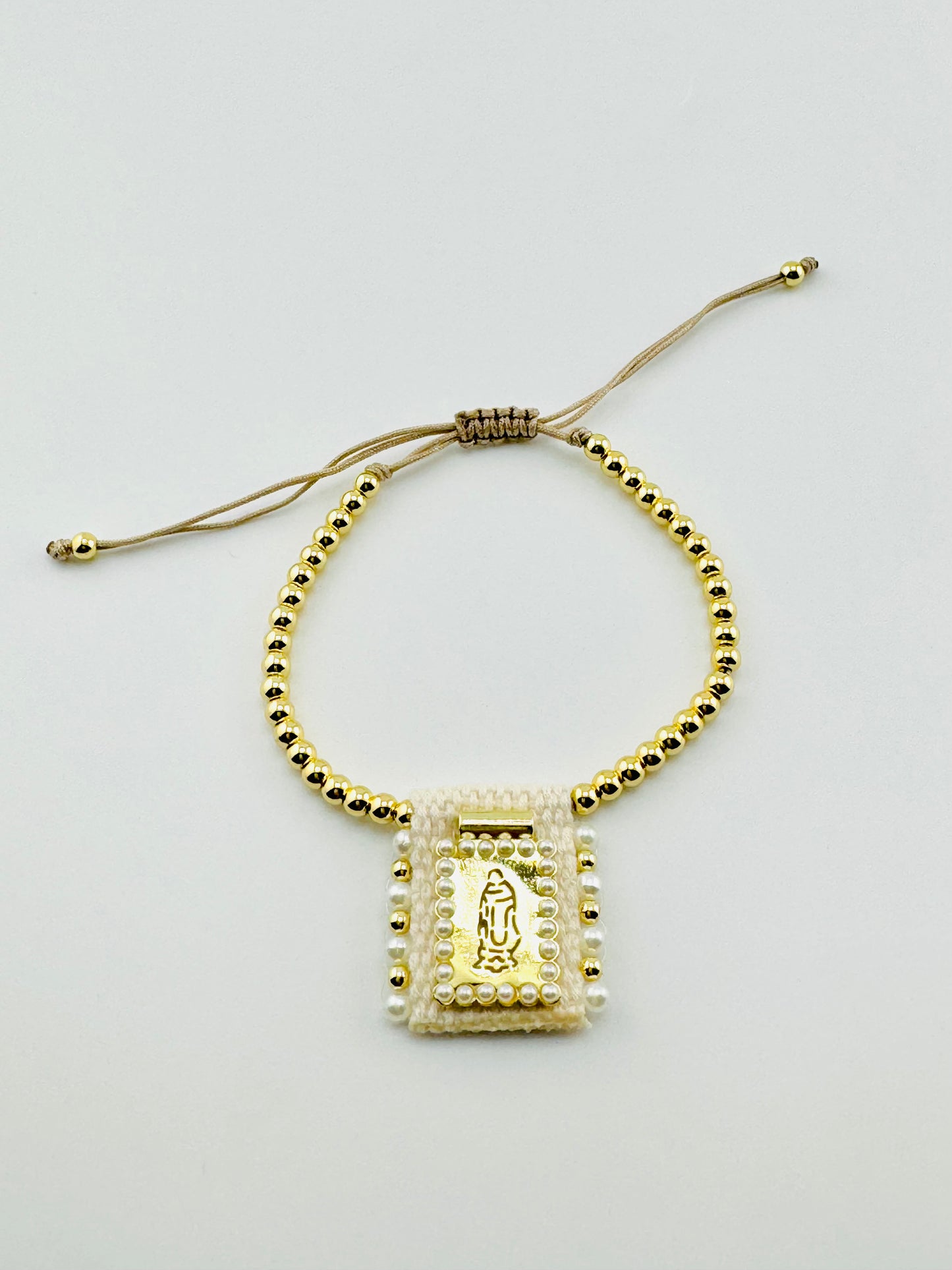Virgin Mary pearl and 18k woven gold filled bracelet