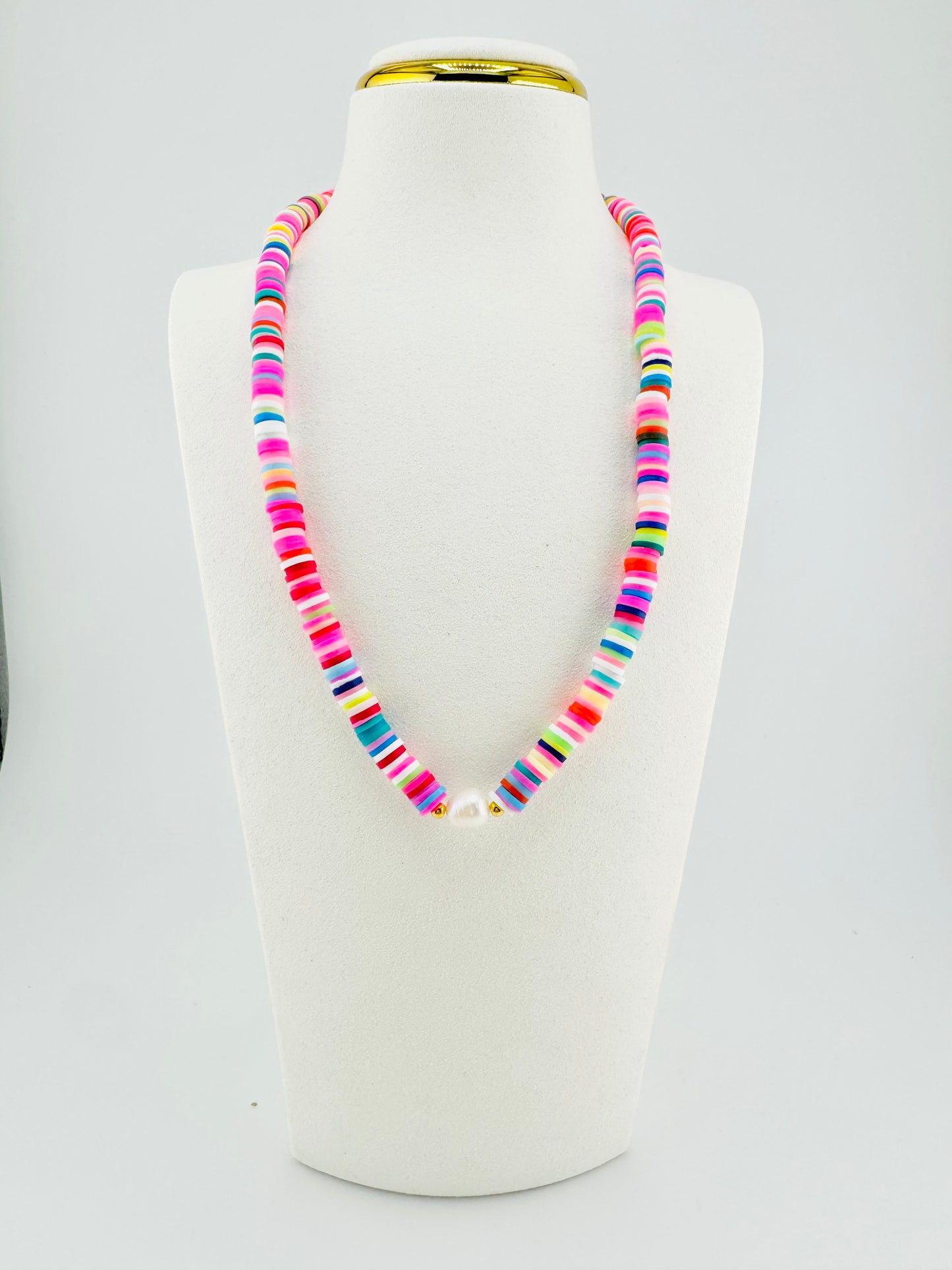 Multicolor heishi and real fresh water pearl necklace