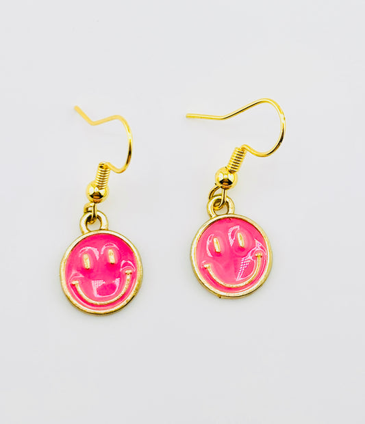 Hot pink dangle smiley faces gold filled earrings