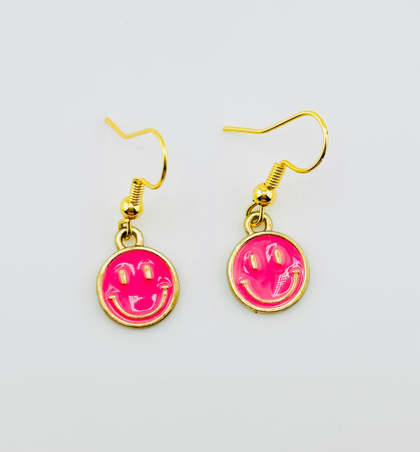 Hot pink dangle smiley faces gold filled earrings