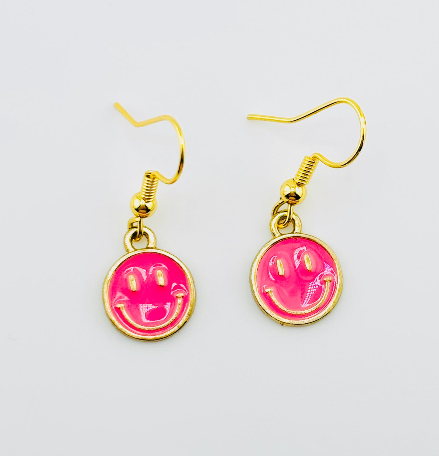 Hot pink dangle smiley faces gold filled earrings