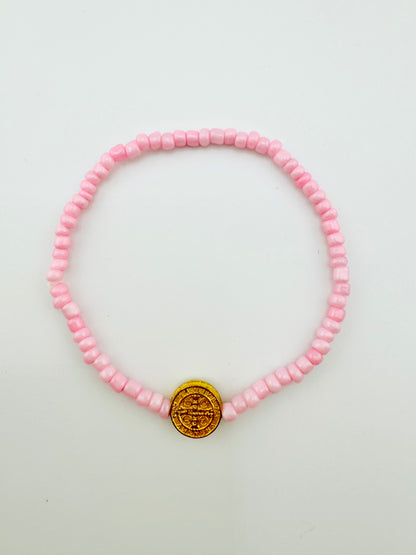 Violet pink beaded gold filled elastic bracelet