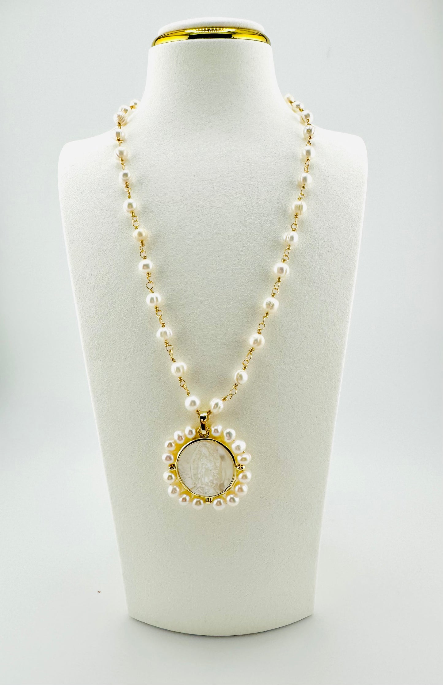 Virgen of Guadalupe fresh water pearls necklace with 18k gold filled