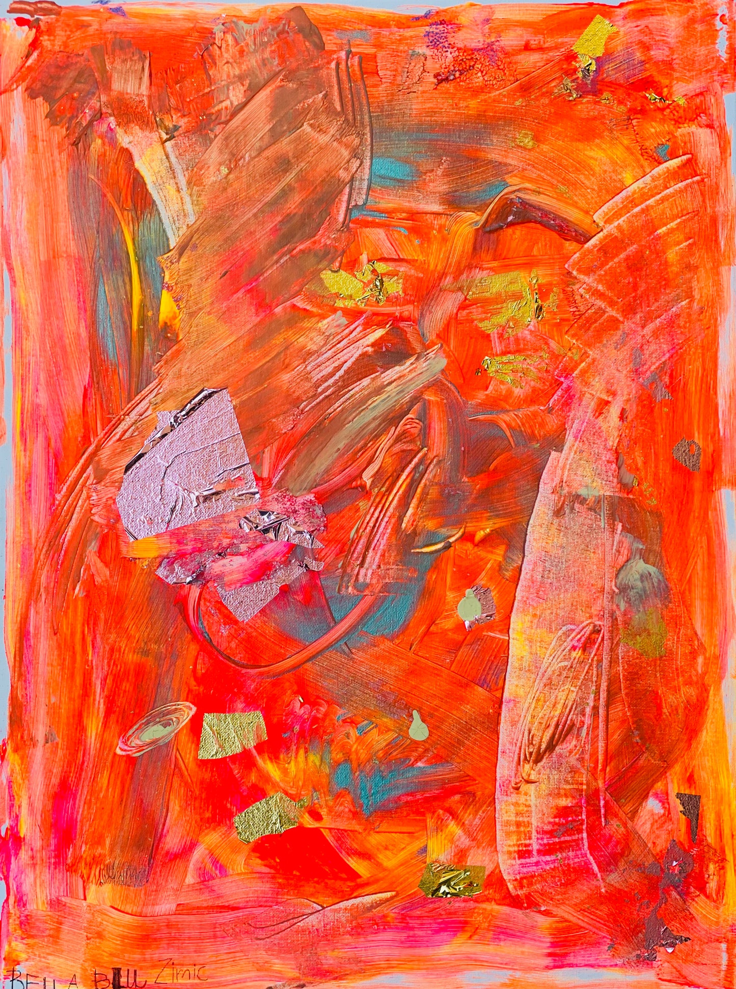 Orange abstract painting with specs of gold leaf