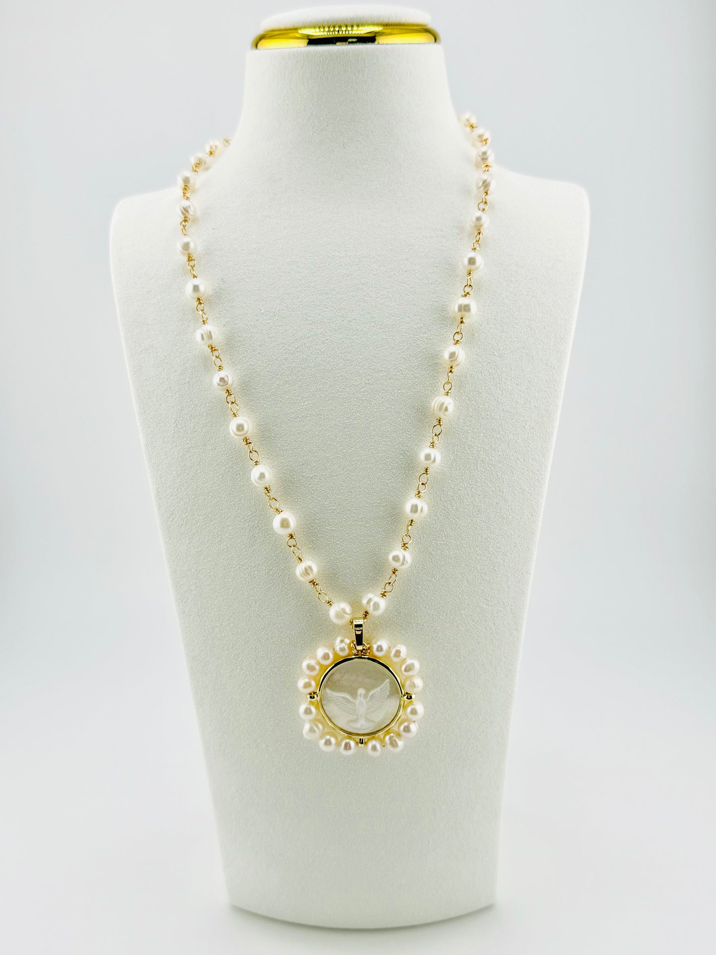 Holy Spirit fresh water pearl necklace in 18k gold filled steel