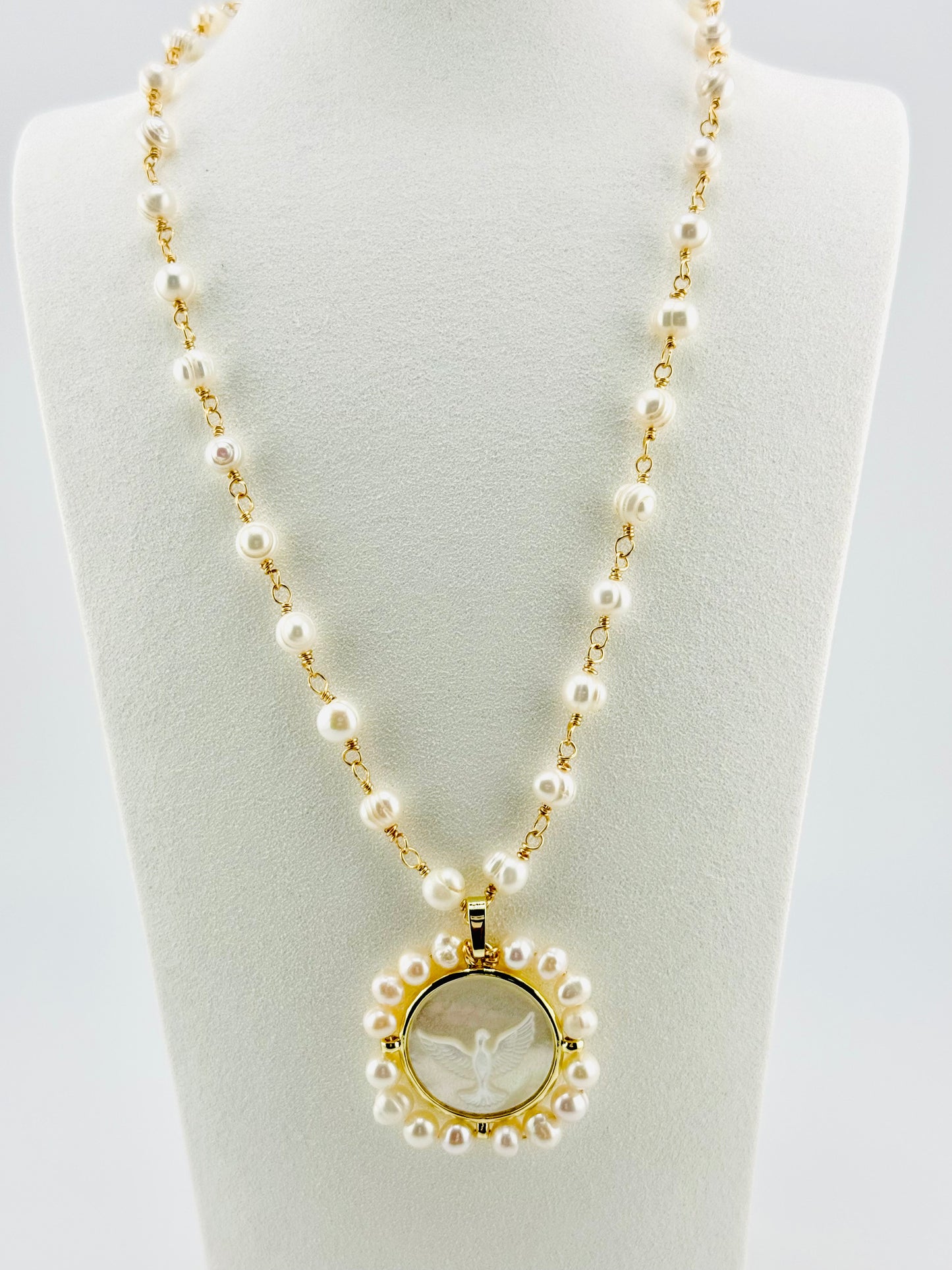 Holy Spirit fresh water pearl necklace in 18k gold filled steel