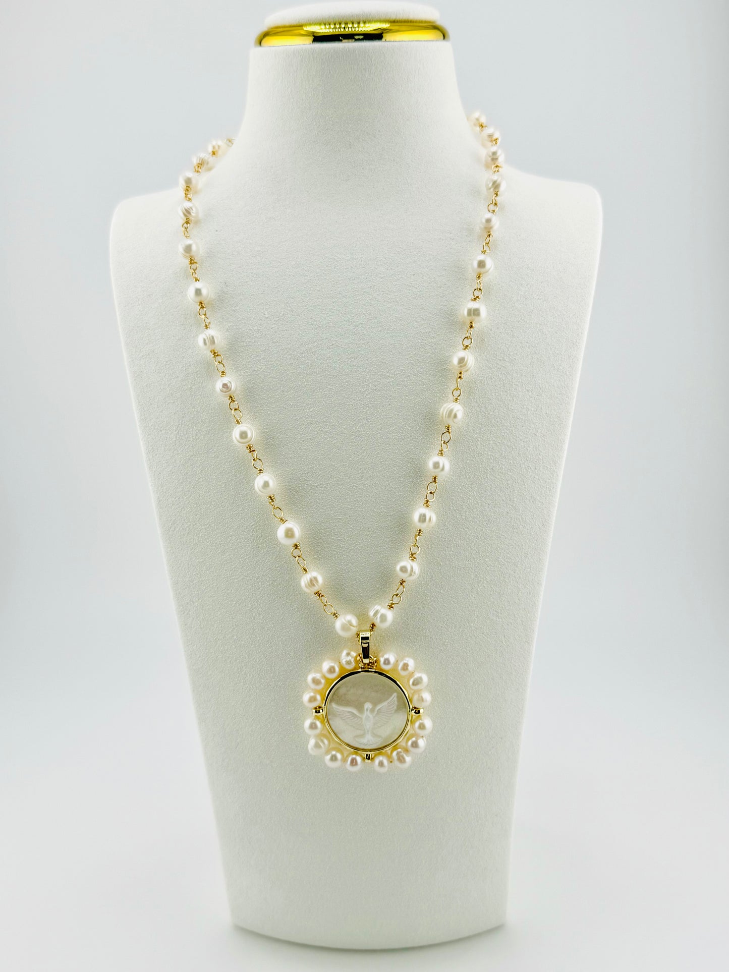 Holy Spirit fresh water pearl necklace in 18k gold filled steel