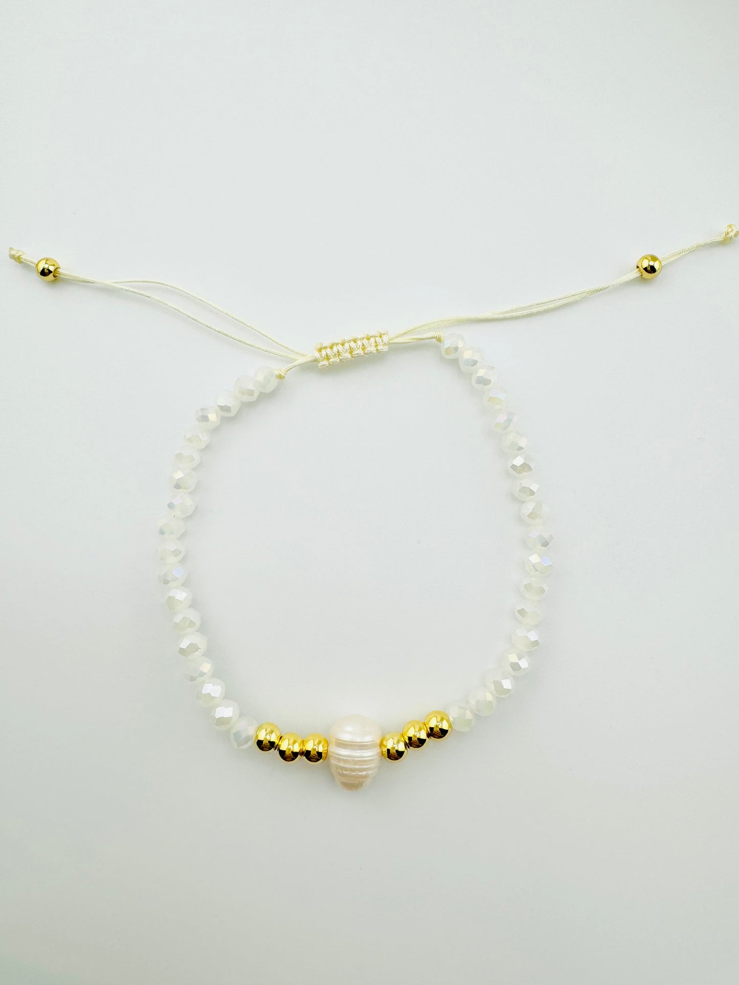Josie white iridescent beads in 18k gold filled and fresh water pearl bracelet
