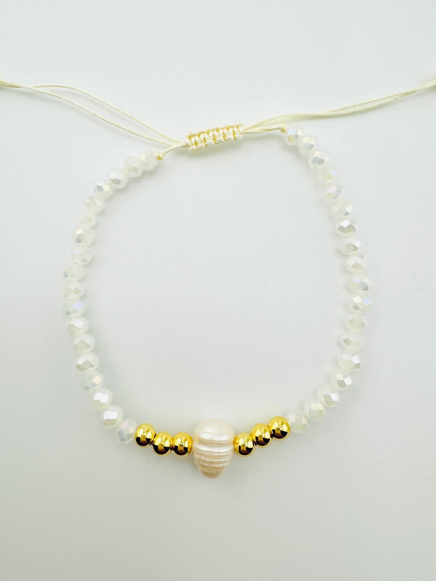 Josie white iridescent beads in 18k gold filled and fresh water pearl bracelet
