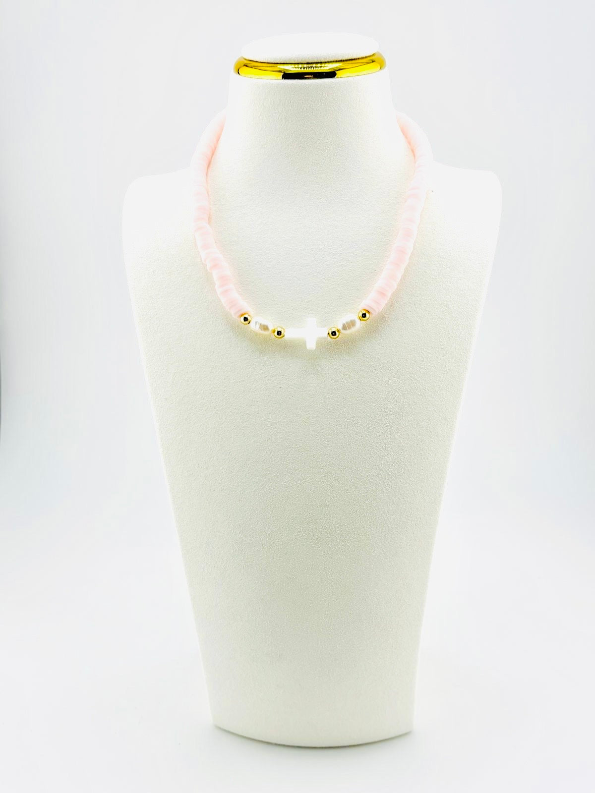 Mother of pearl cross necklace in soft pink with 18K gold beads, Amoura style, Bella Blu Design