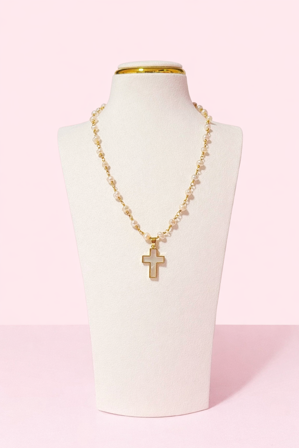 Seraphina freshwater pearl cross necklace with 18K gold-filled chain and mother-of-pearl cross pendant