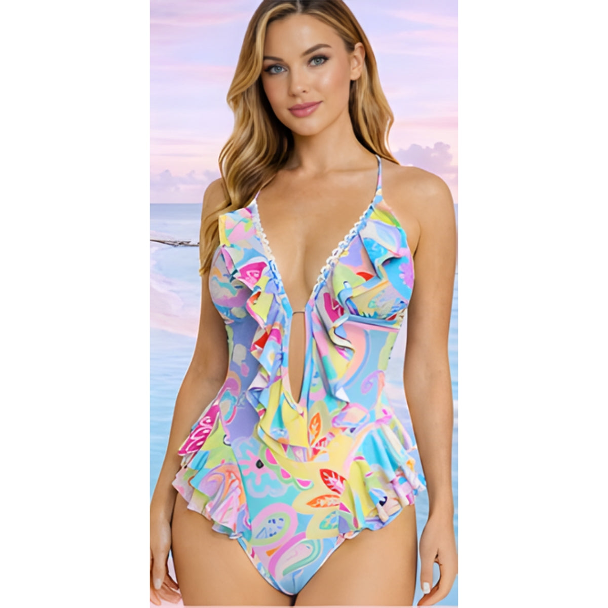 Woman wearing the Michaela multicolor paisley ruffle one-piece swimsuit