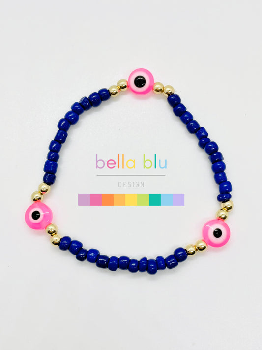 Navy blue and pink evil eye bracelet