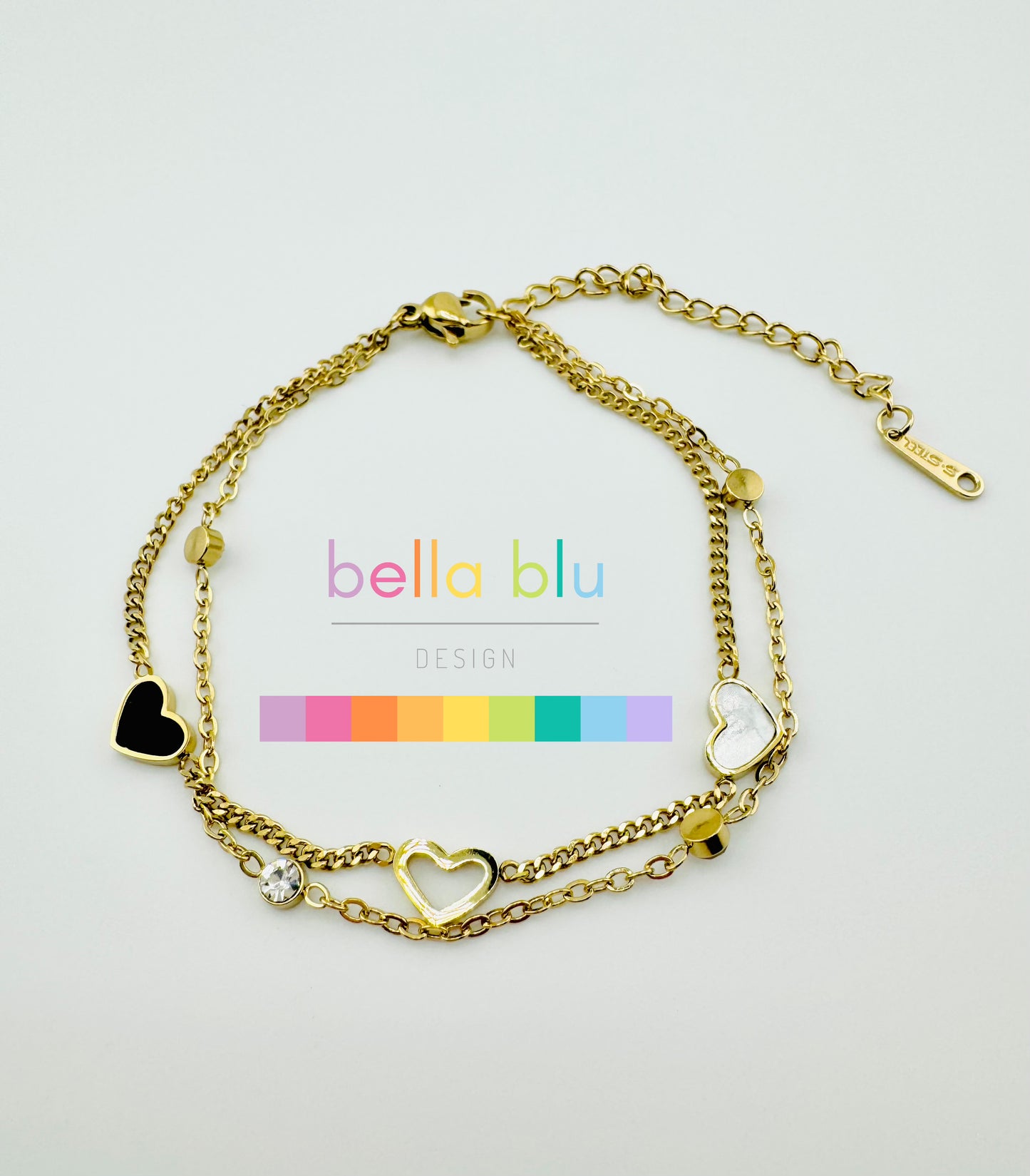 Double hearts white and black stainless steel bracelet