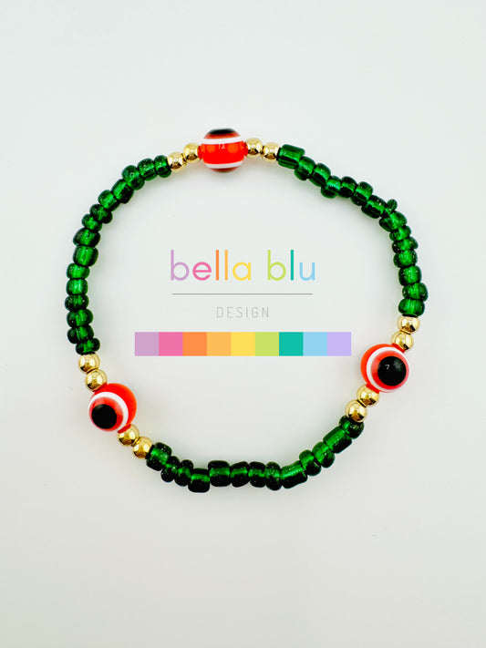 Red and green evil eye bracelet